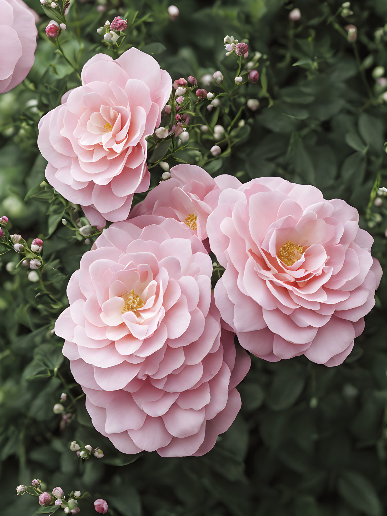 Delicate Pink Roses in Full Bloom Among Green Foliage