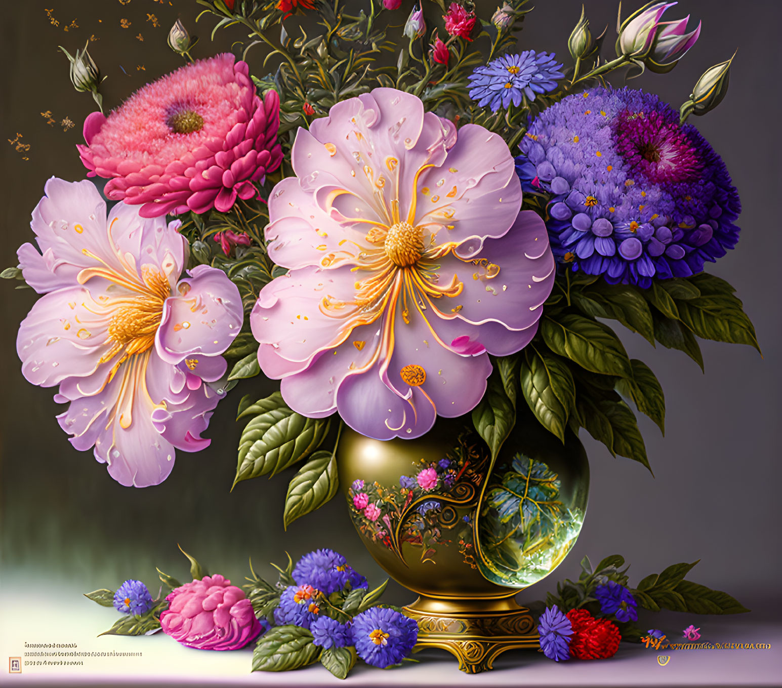 Colorful Flower Bouquet in Golden Vase Artwork on Subdued Background