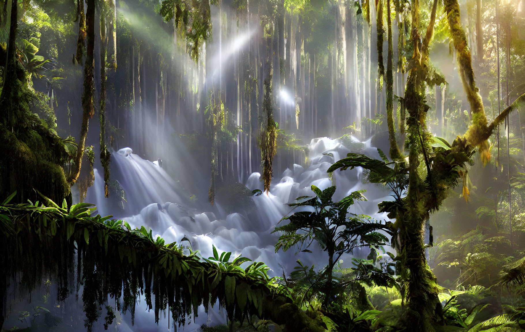 Tropical forest with sunbeams and waterfall