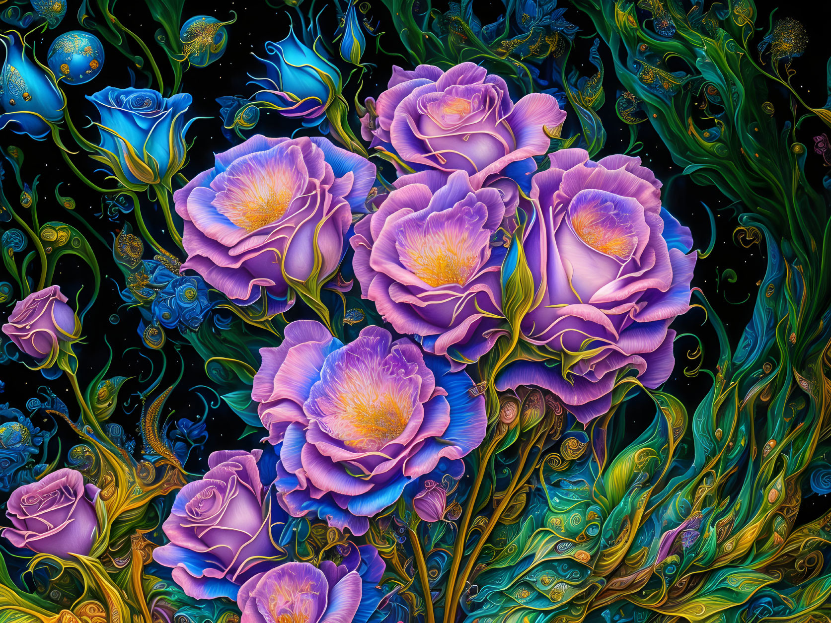 Colorful digital artwork of purple roses with gold and blue patterns on a dark floral backdrop