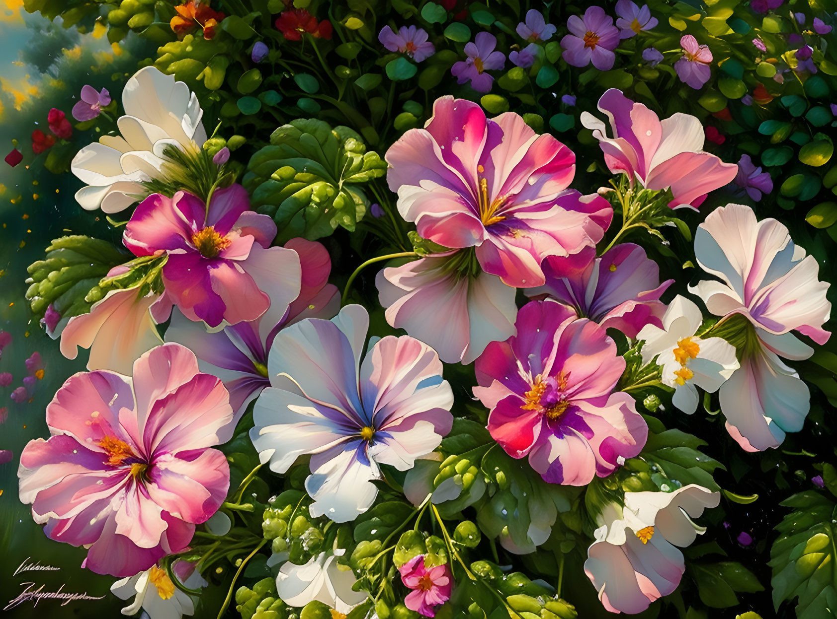 Pink and White Flowers with Soft Glow Amid Green Foliage