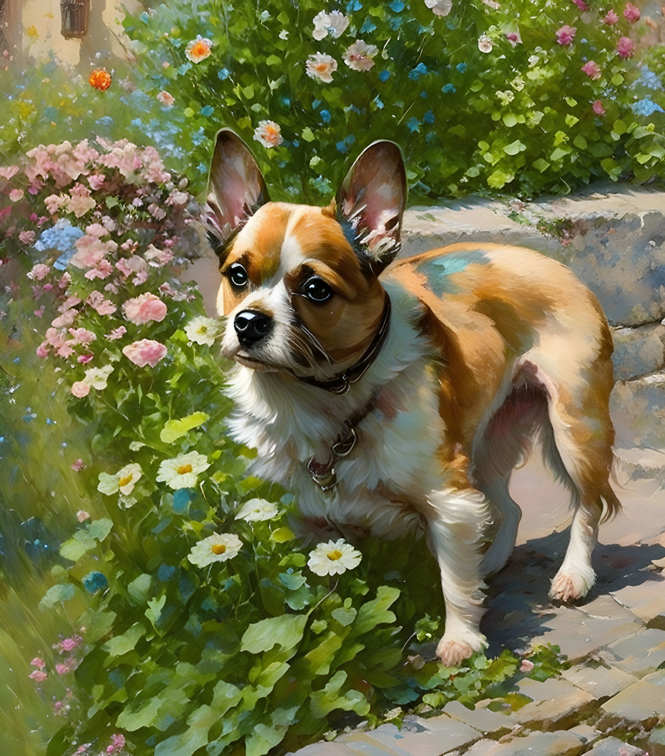 Tricolor dog on stone path in lush garden landscape