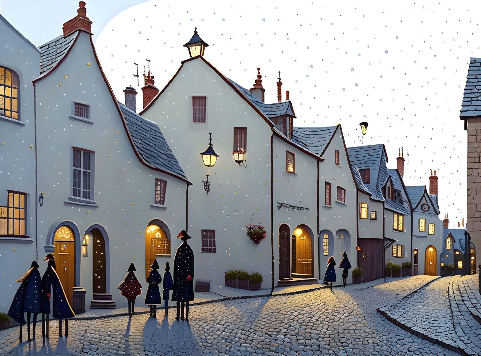 Vintage-style cobblestone street illustration with cozy houses, snowfall, and people in retro attire.