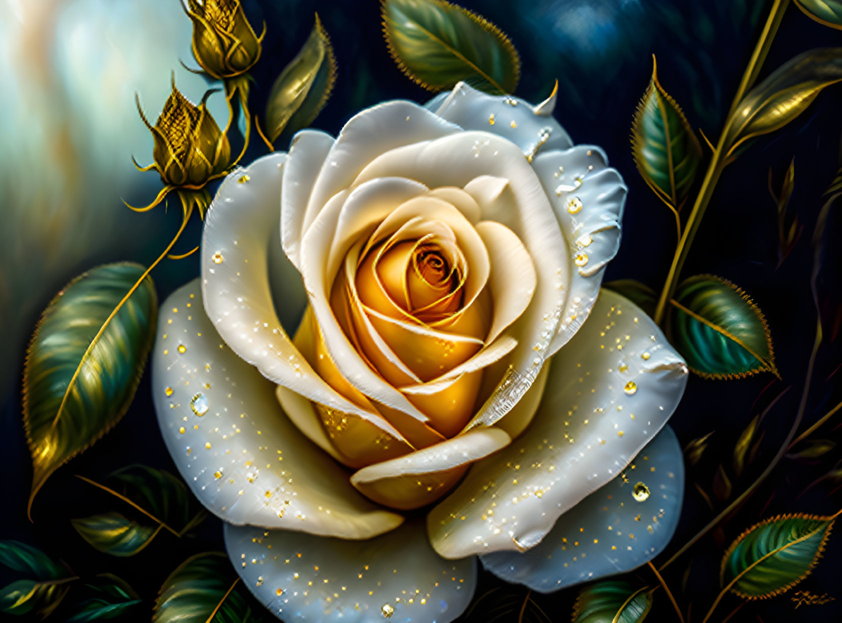 Luminous white rose with golden center on mystical background