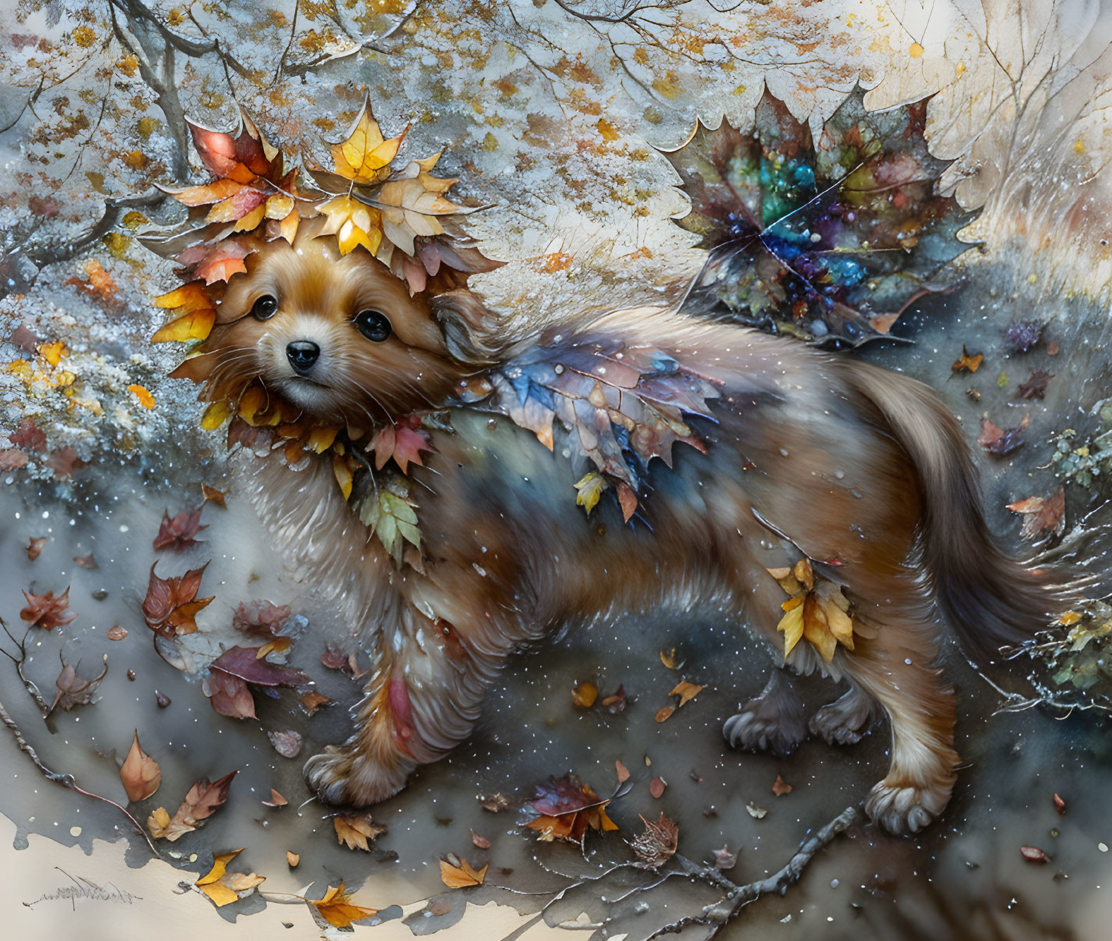 Fluffy dog with butterfly wings in autumn fairy scene