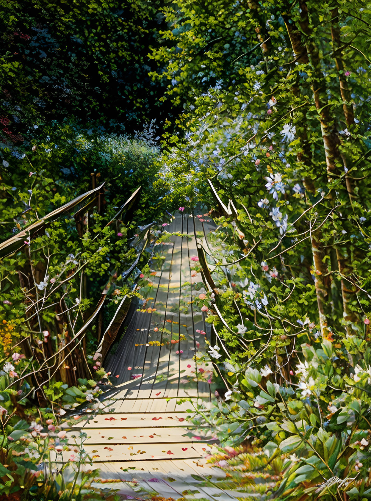 Tranquil garden with wooden walkway and colorful flowers