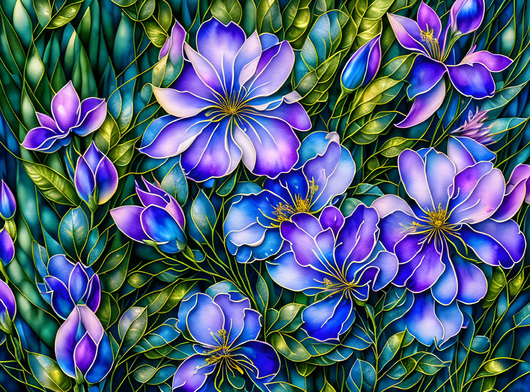 Colorful digital artwork: Blue and purple flowers with intricate green leaves