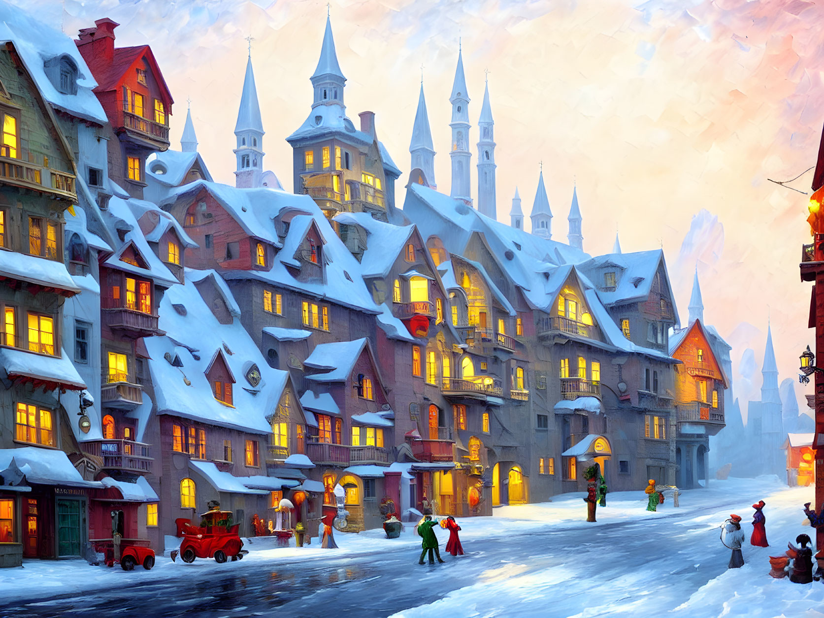 Vibrant winter city street with snow-covered buildings and pedestrians