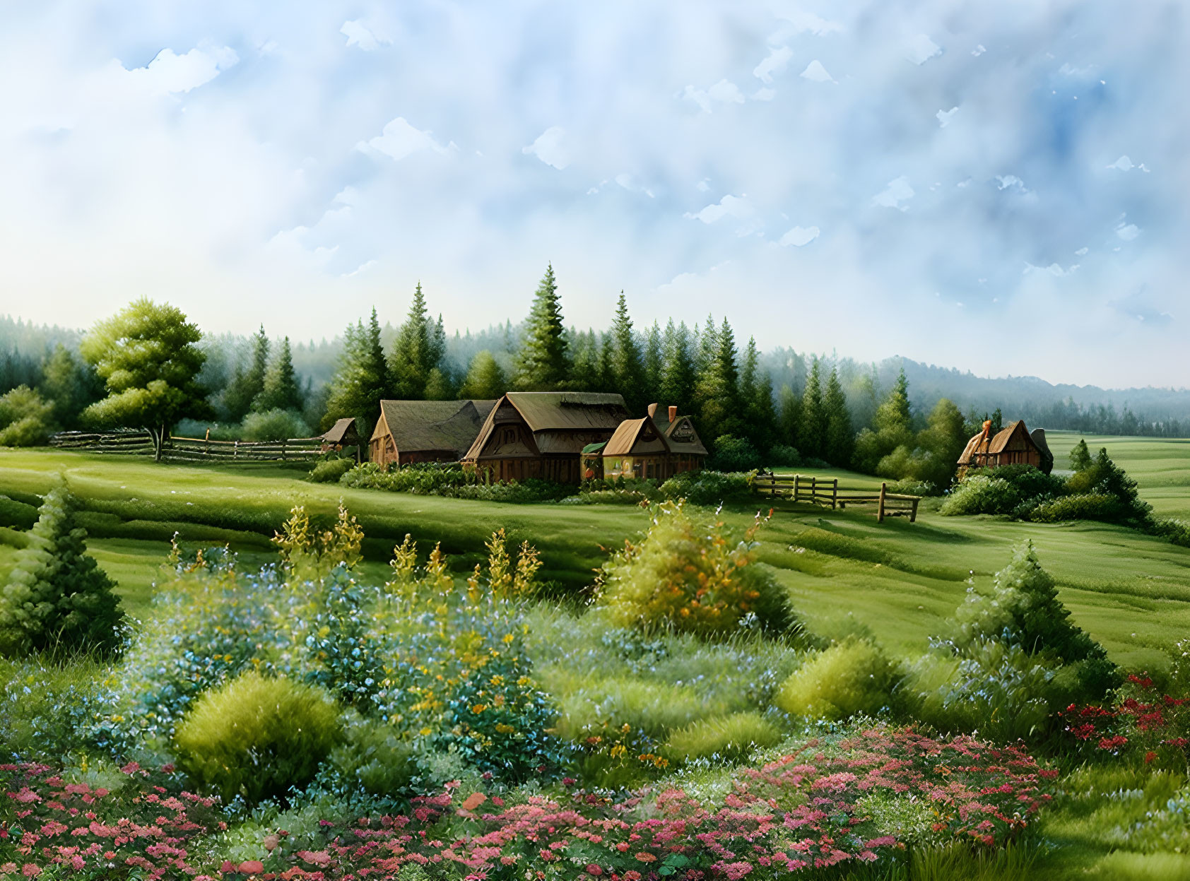 Tranquil landscape painting with wildflowers, cottages, trees, and clear sky