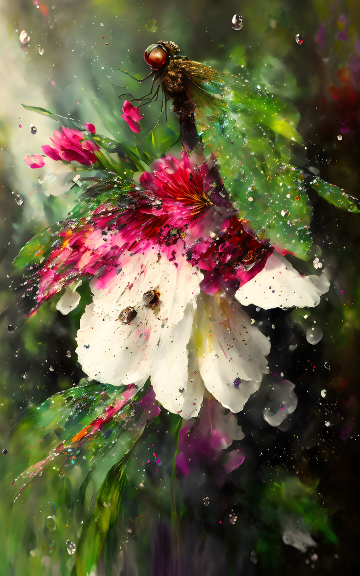 Dragonfly resting on white and pink flowers with paint splashes and water droplets.