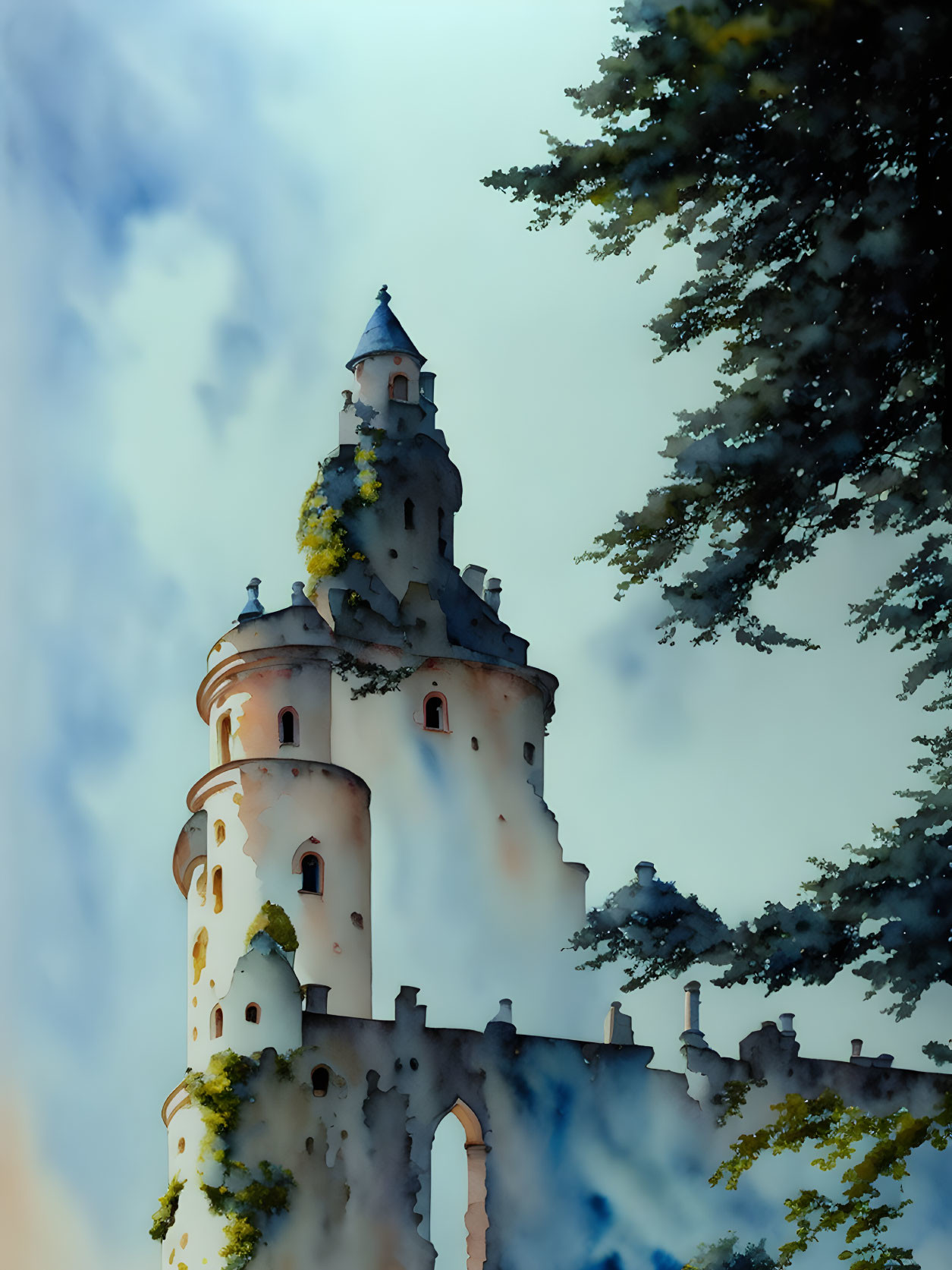 Castle tower with turrets in watercolor style against cloudy sky