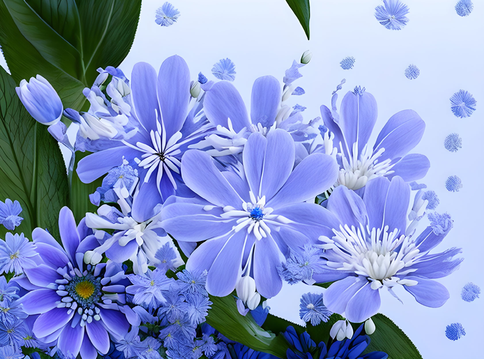 Assortment of Blue Flowers with Green Foliage on Pale Blue Background