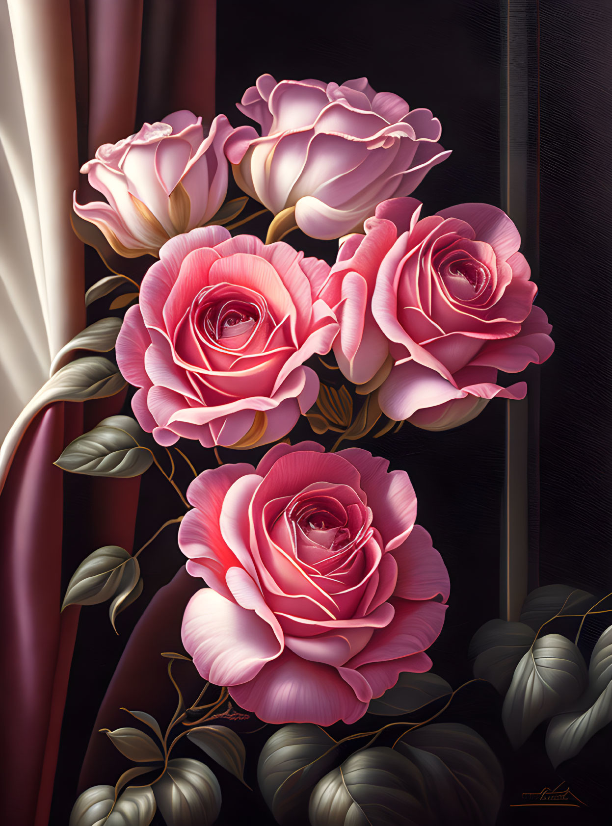 Digital Artwork: Pink Roses Bouquet on Dark Background