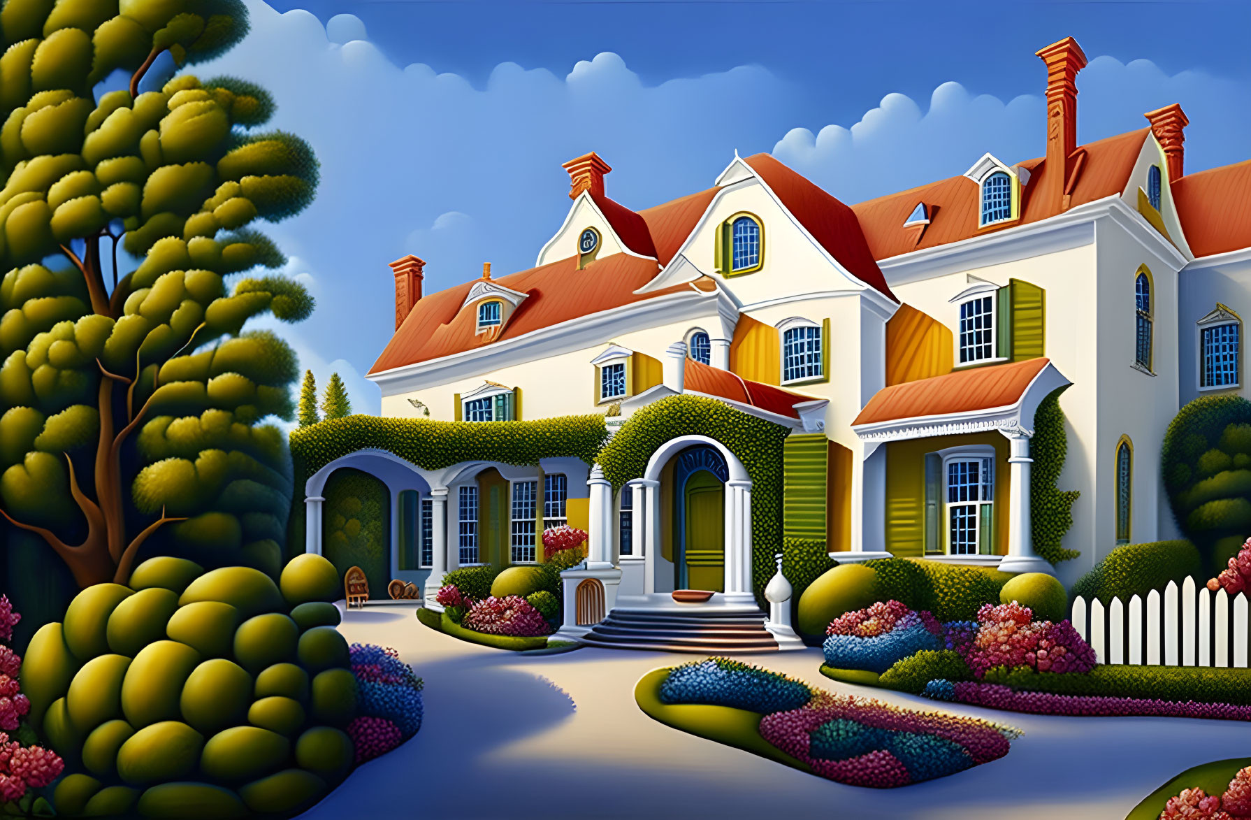 Illustration of grand estate with lush gardens & white picket fence