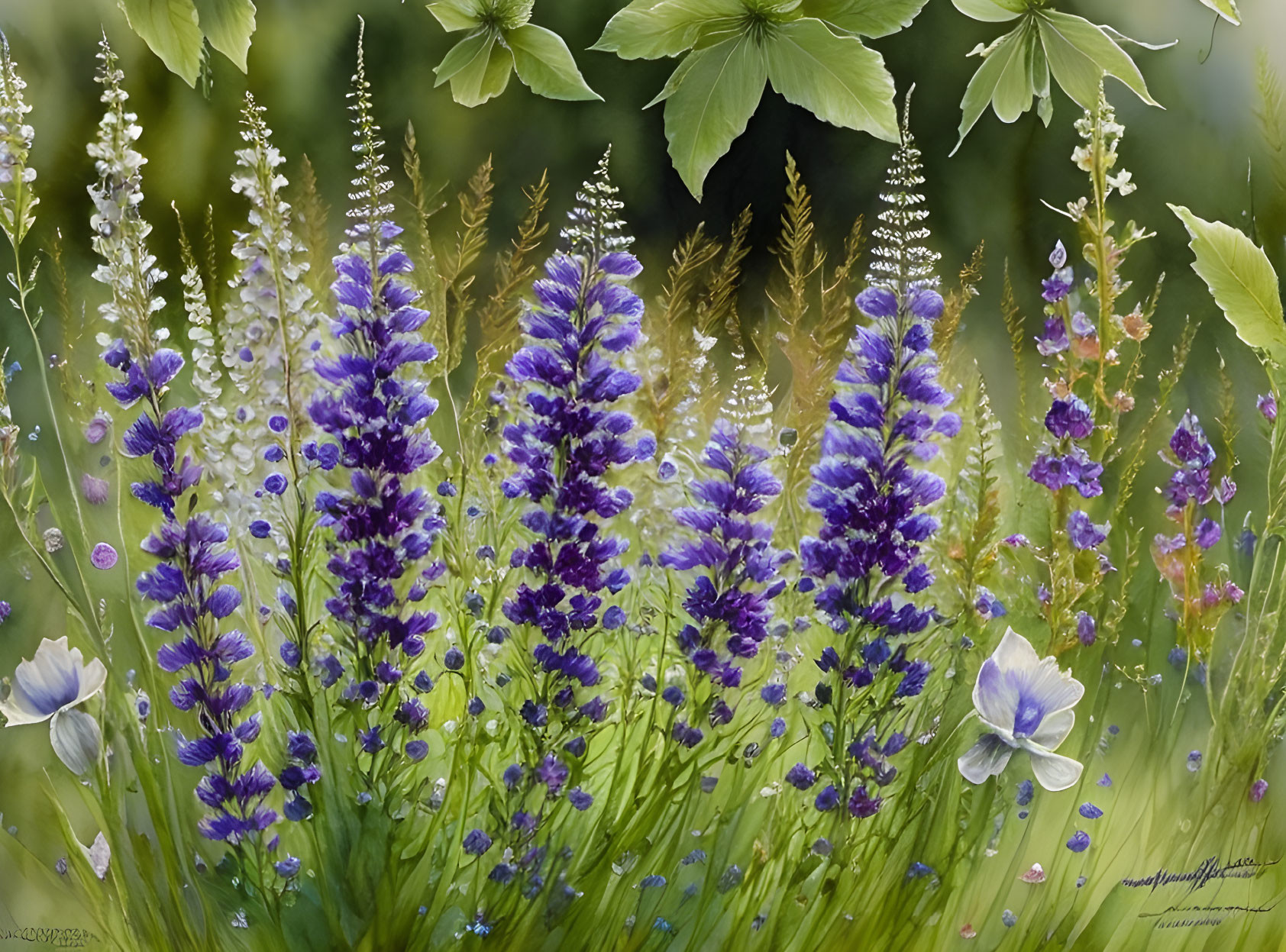 Colorful Lupines and Flowers in Lush Garden Setting