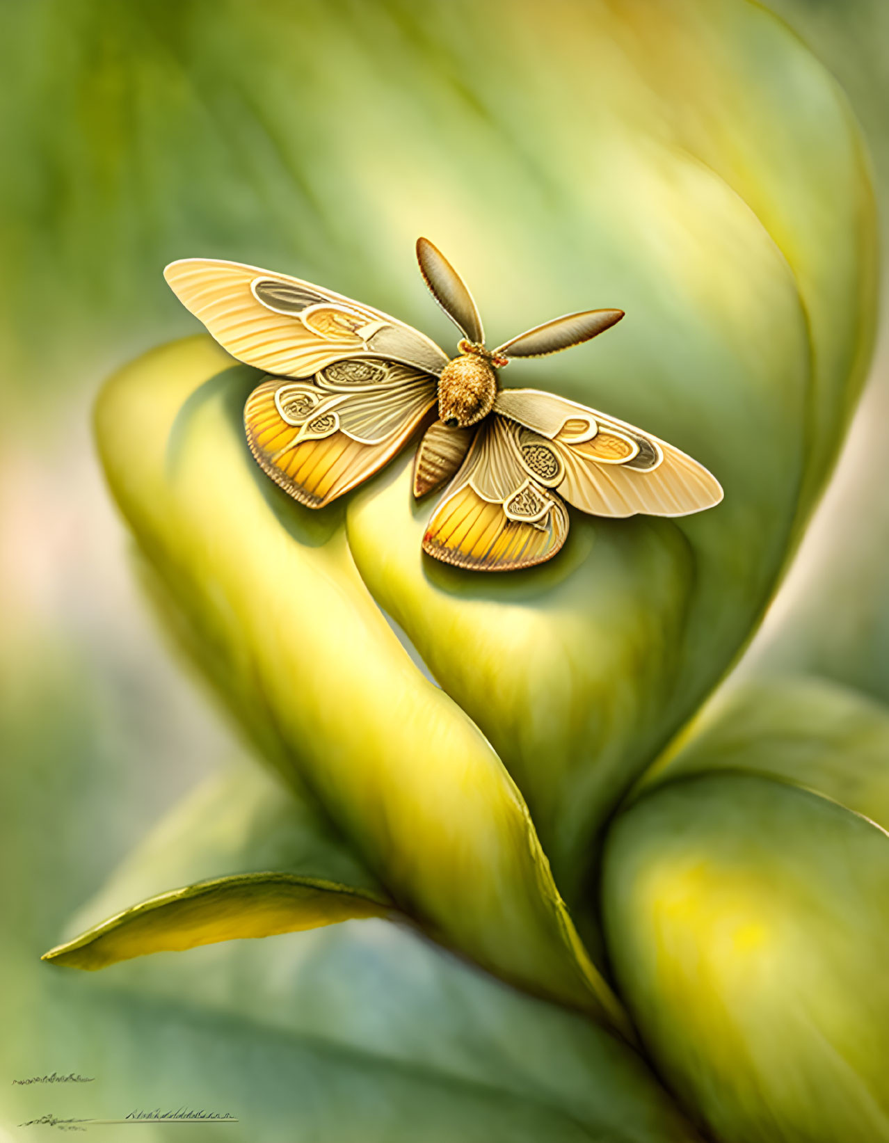 Digitally illustrated moth with intricate wing patterns on vibrant green leaf