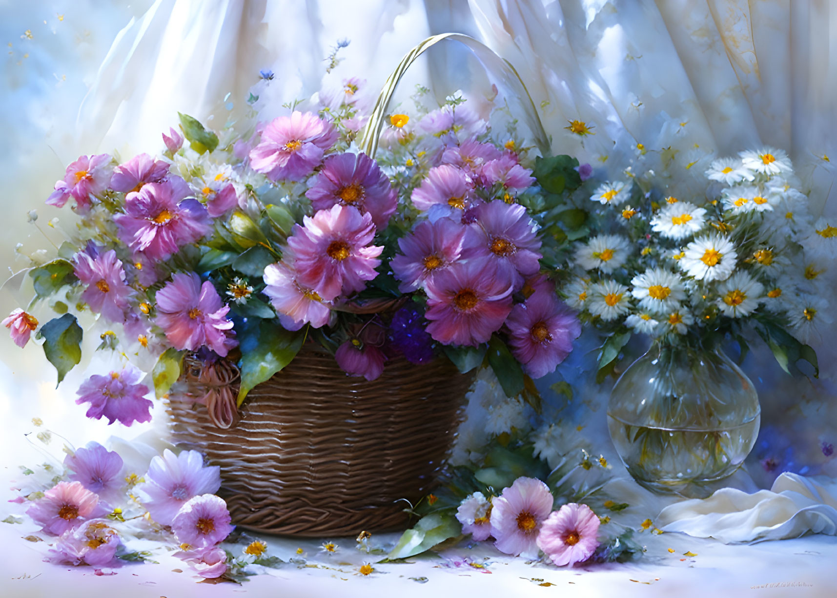 Wicker basket filled with purple and white flowers against white drapery and glass vase