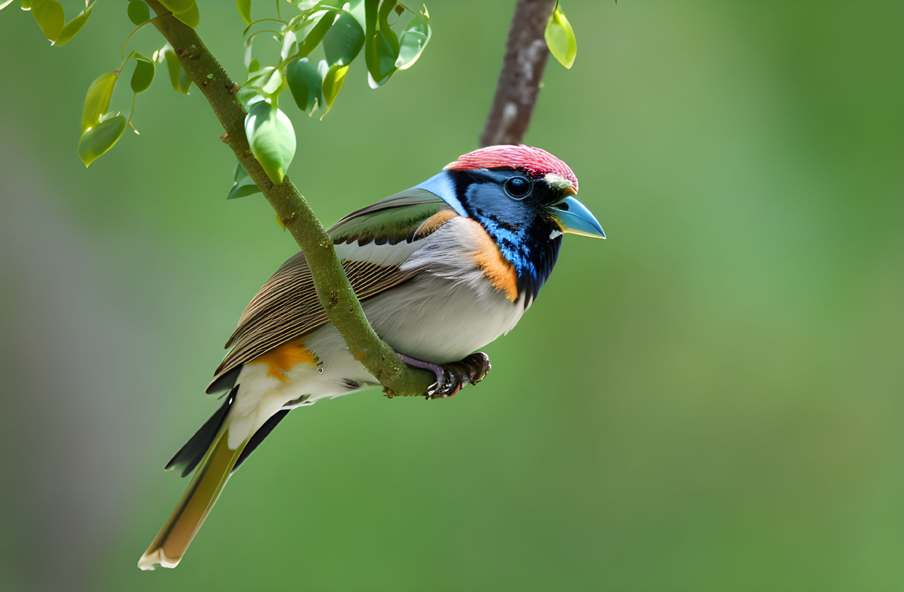 Colorful bird with blue head and brown wings on branch against green background