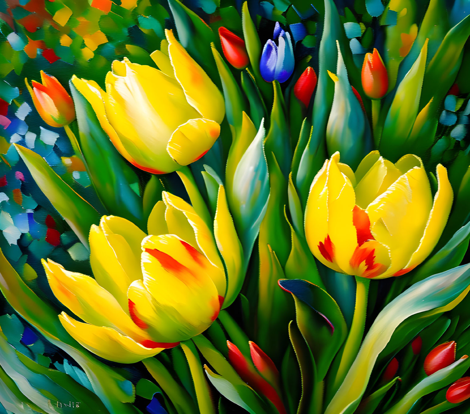 Colorful Tulip Painting with Mosaic Background