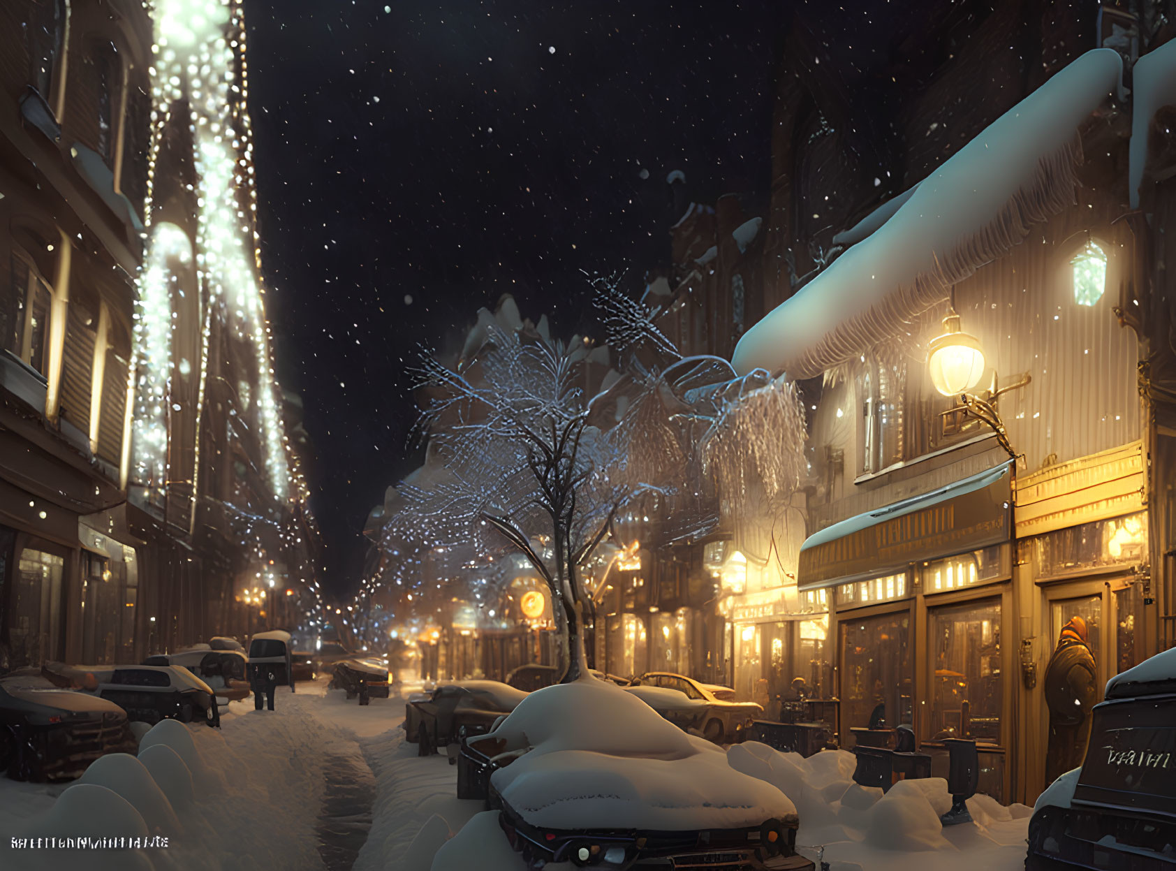 Winter night scene: snow-covered street, festive lights, parked cars, and glowing shop windows