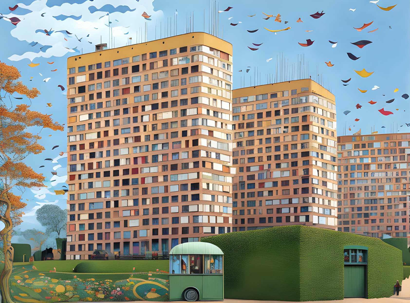 Vibrant high-rise buildings with flying fish and green kiosk in landscaped setting