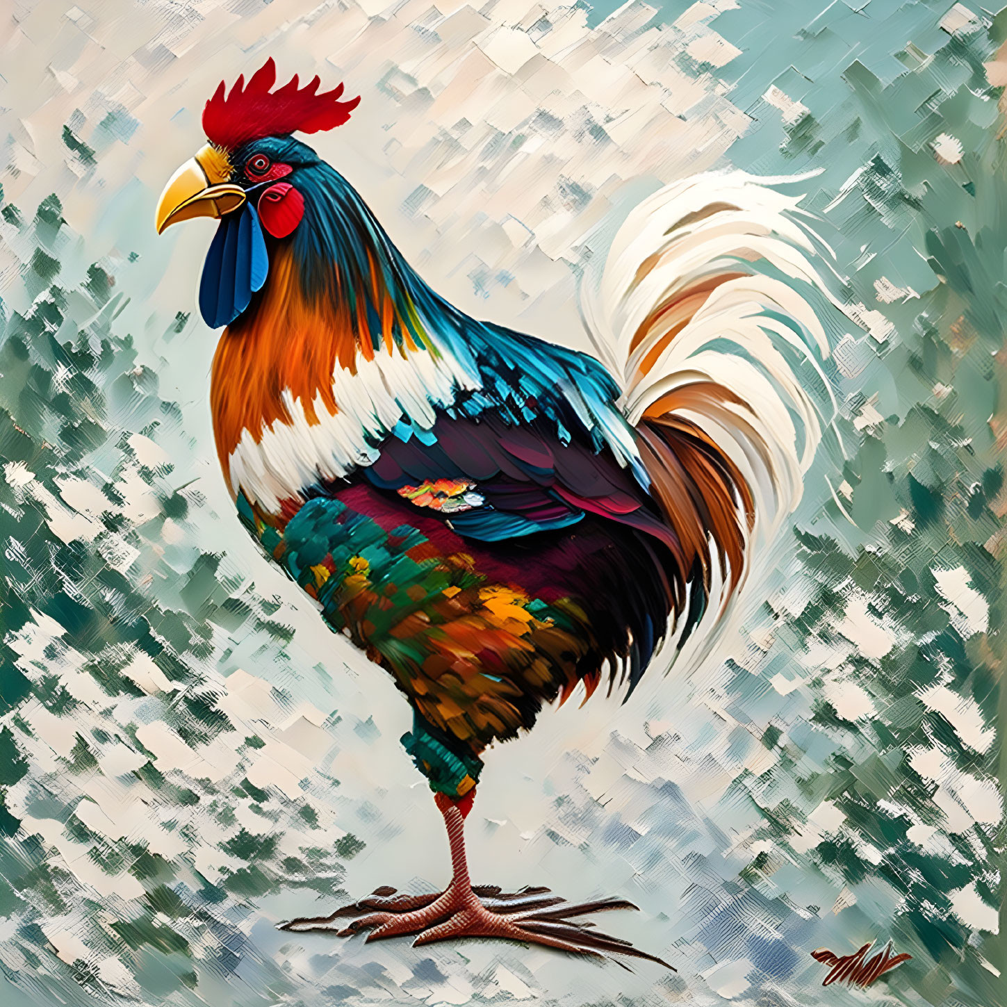 Colorful Rooster Digital Painting with Blue, Green, and Orange Palette