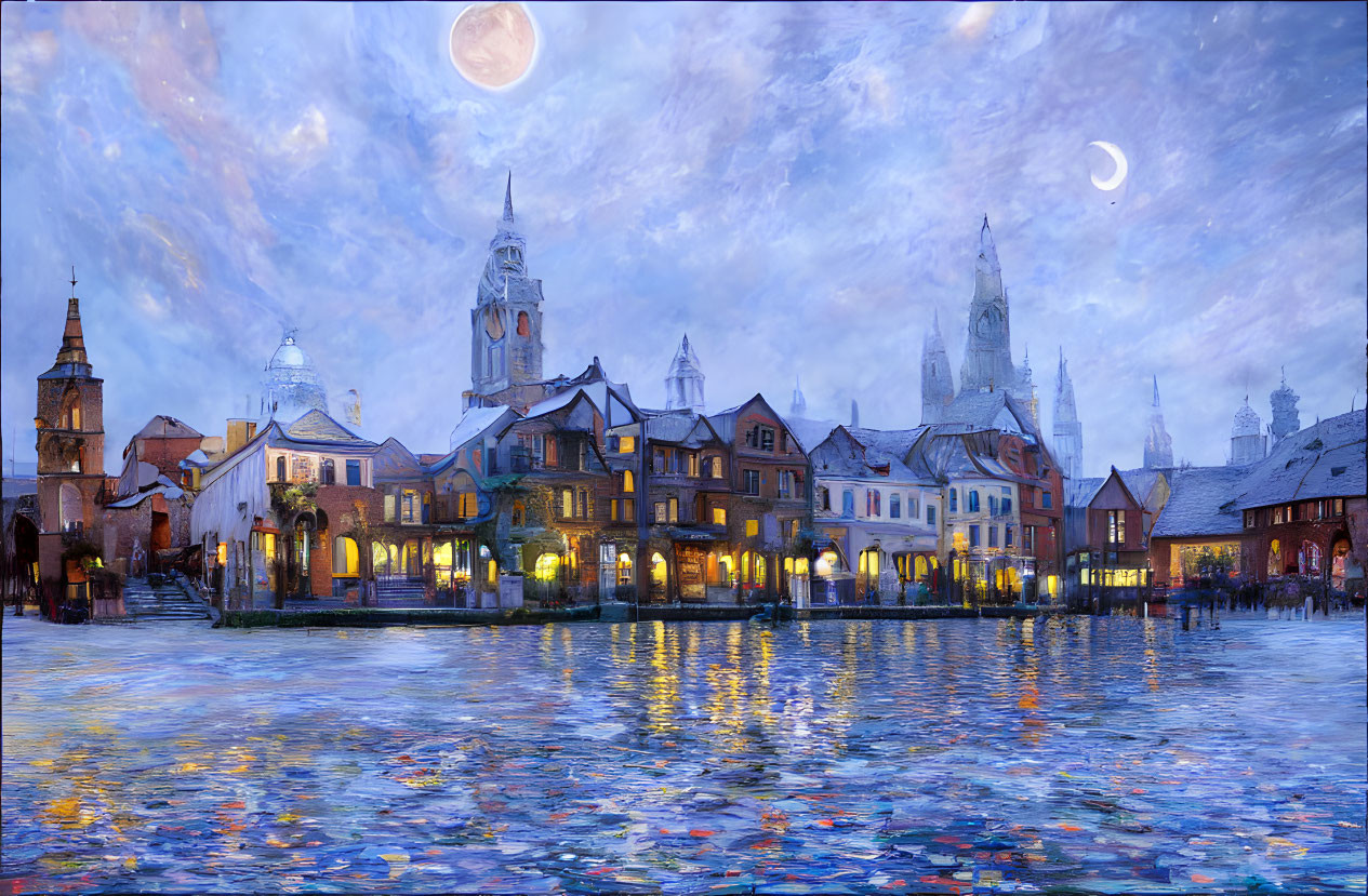 European-style town nightscape with dual moons reflected on water