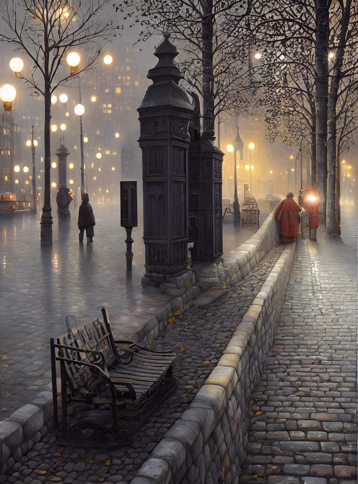 Foggy Dusk Street Scene with Vintage Lampposts and Red Umbrella