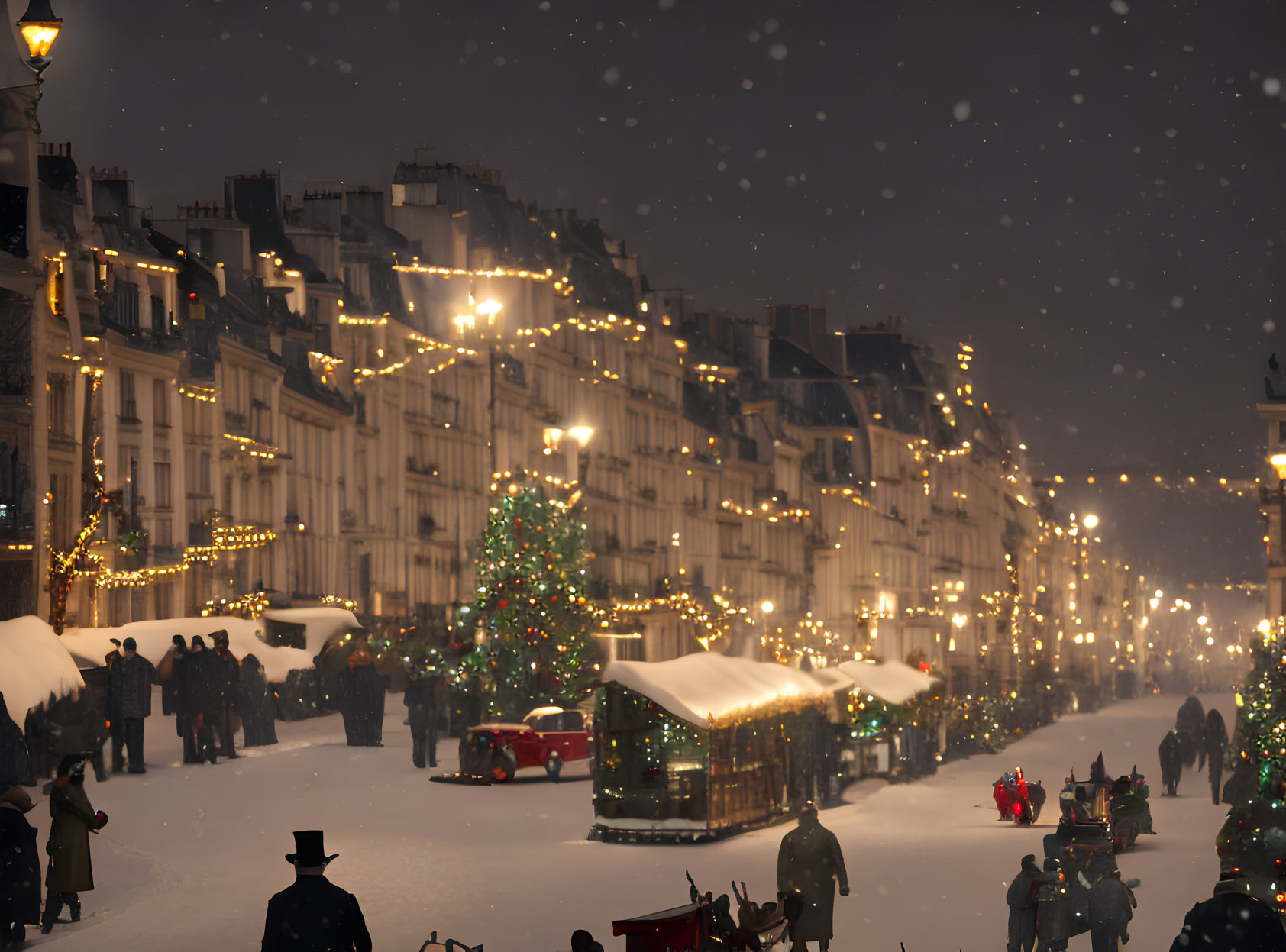 Snow-covered street at night with Christmas tree and vintage cars.