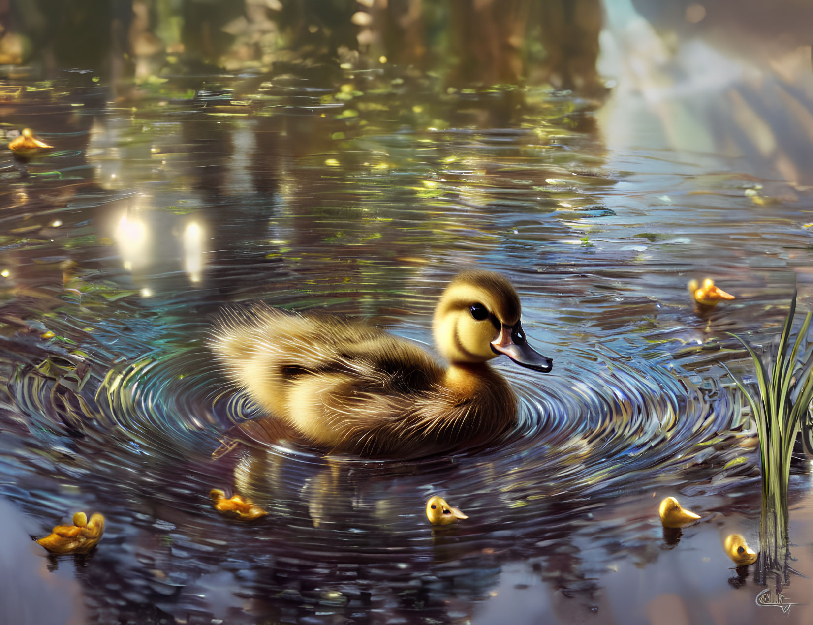 Tranquil digital artwork of fluffy duckling on serene water