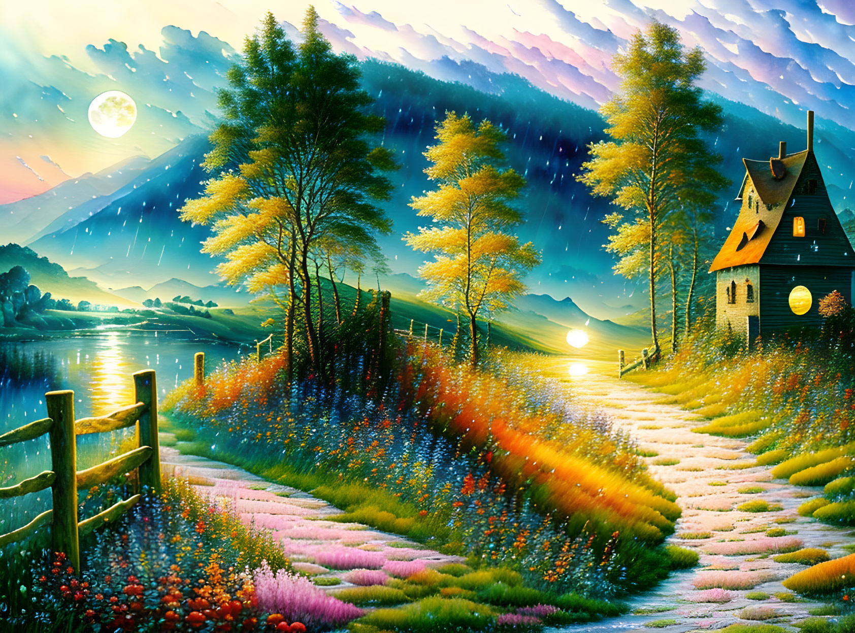 Fantasy landscape with glowing moon, river, house, colorful flora, starry sky