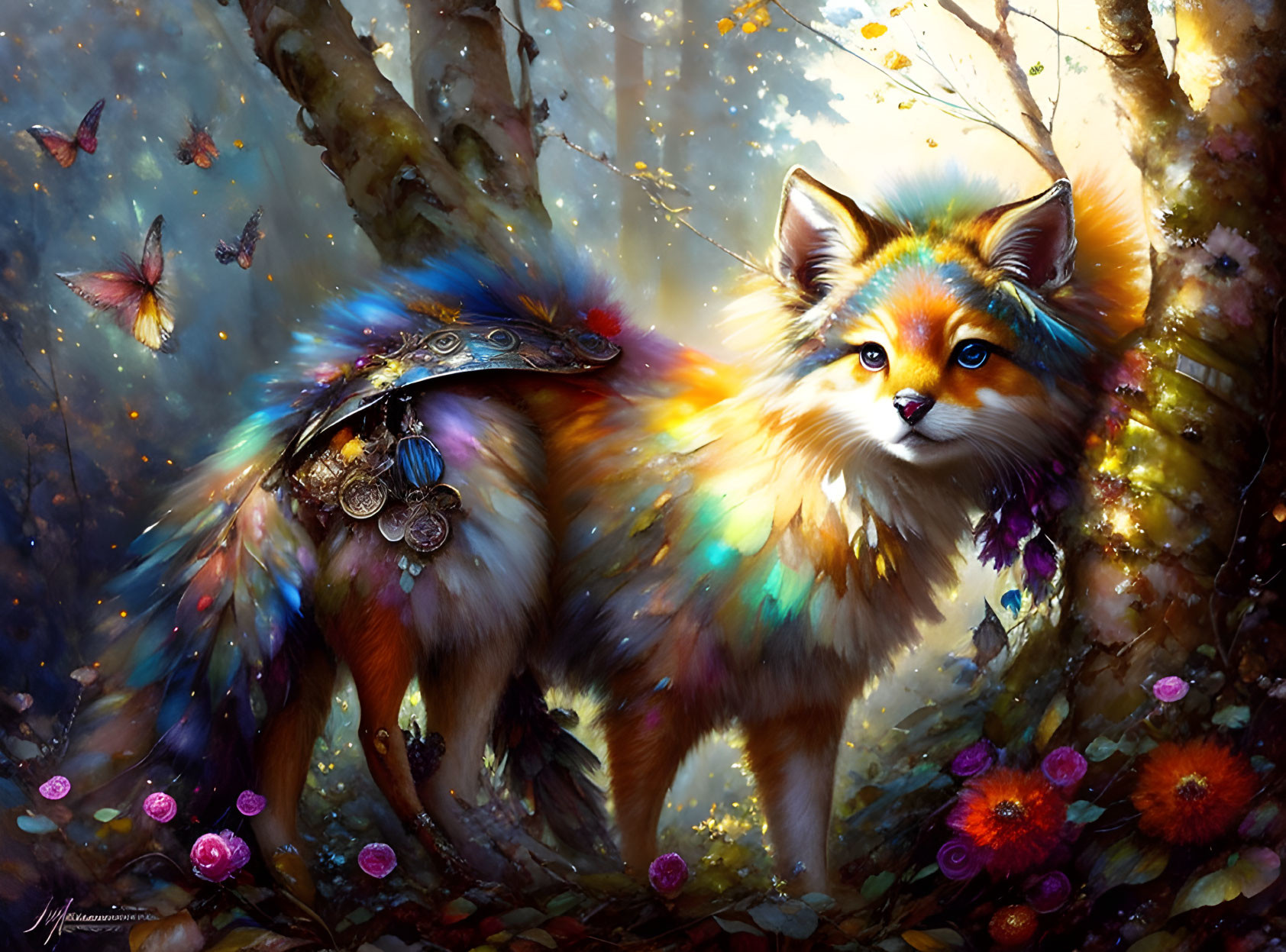 Majestic fox with vibrant tail in whimsical forest