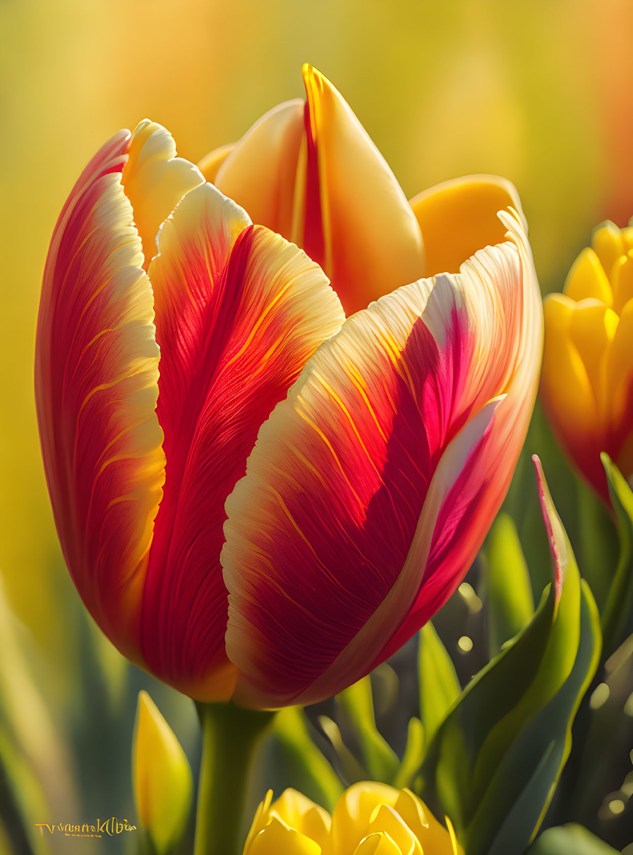 Striped red and yellow tulip in soft sunlight among yellow flowers