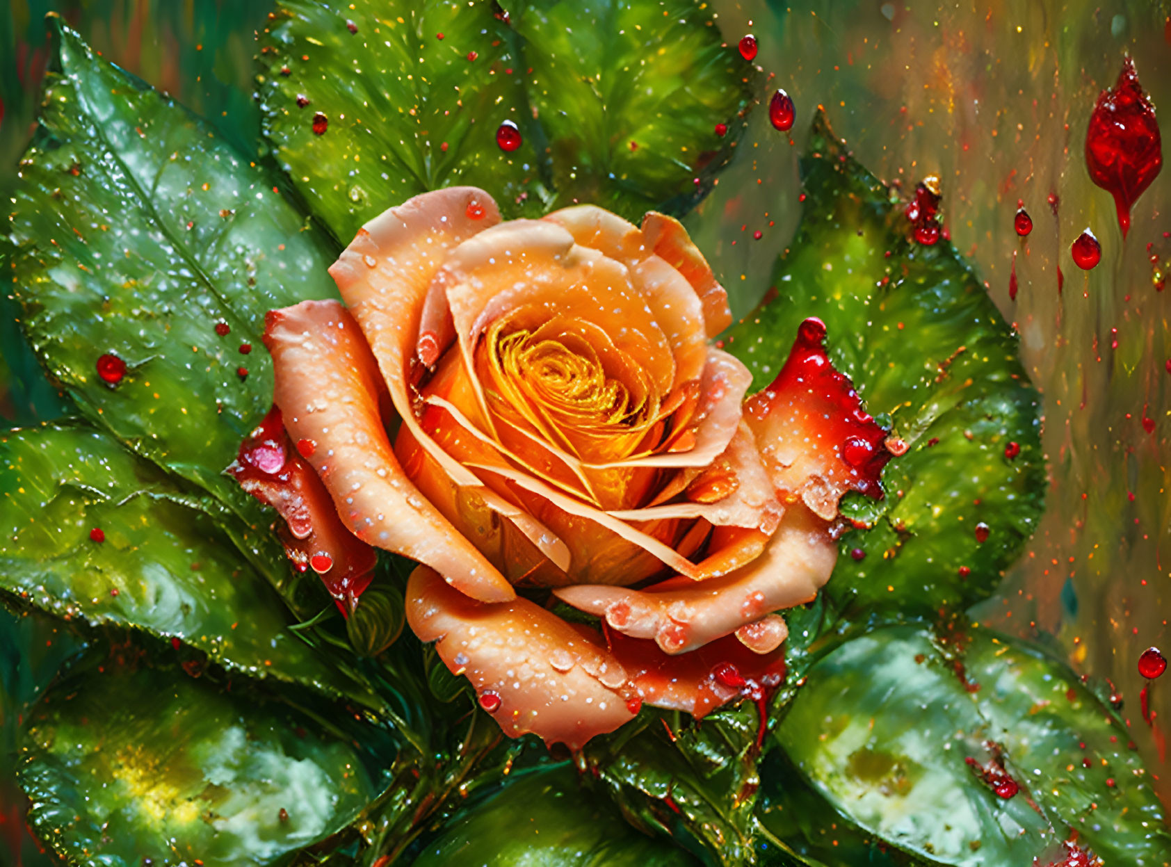 Vibrant orange rose with delicate petals and water droplets on green leaves.