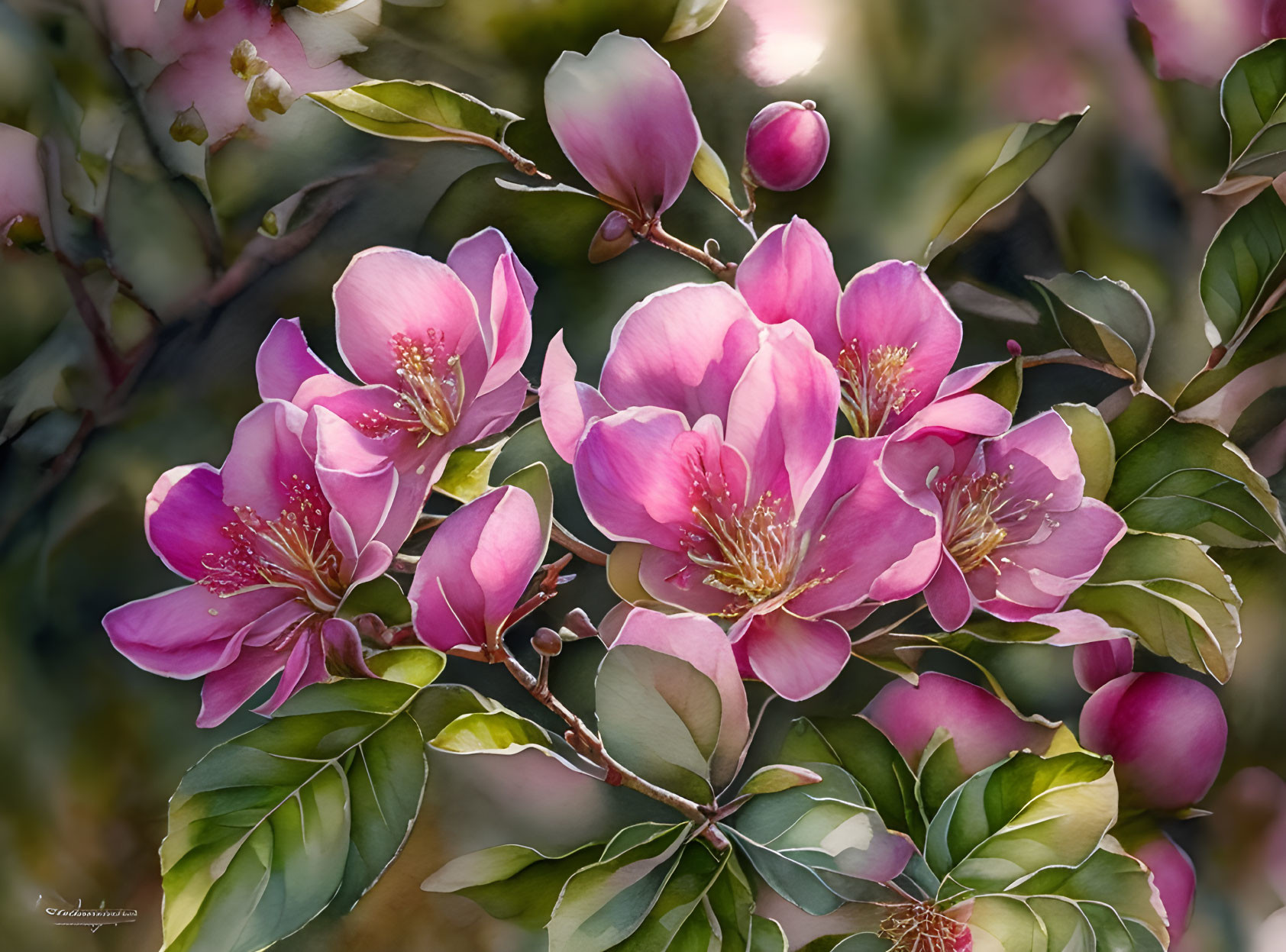 Vibrant Pink Magnolia Flowers in Full Bloom with Green Leaves