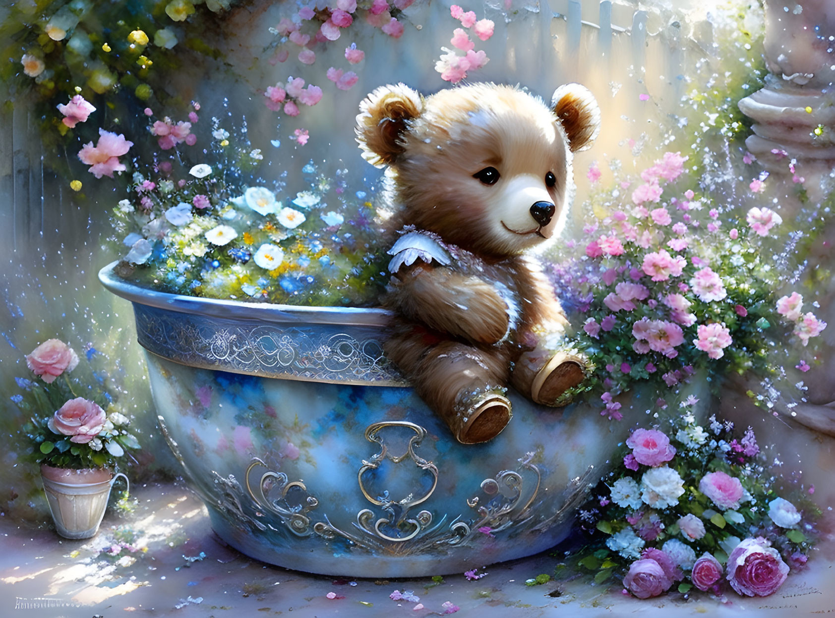 Plush teddy bear in vintage blue tub with flowers and petals