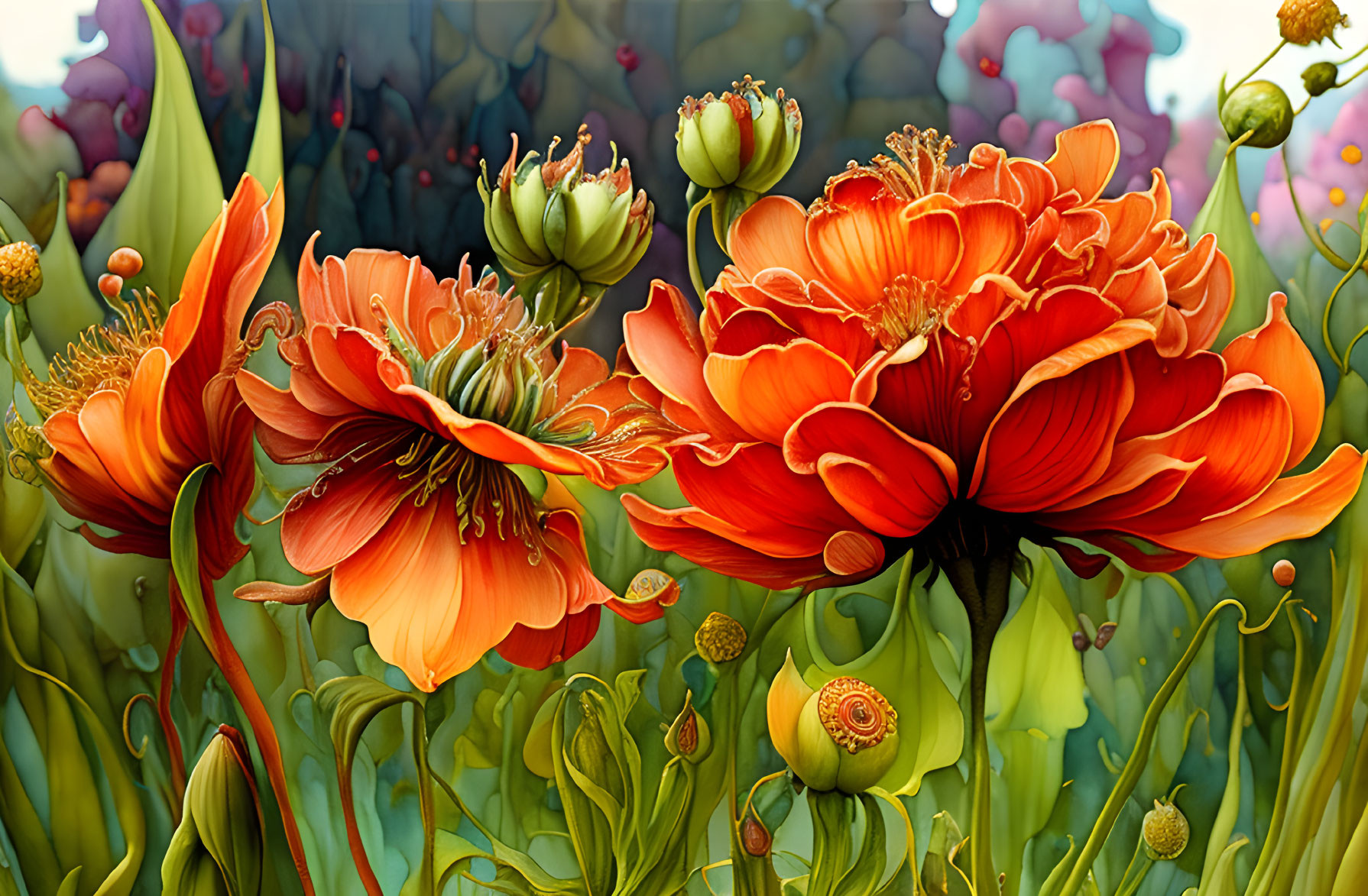 Bright Orange Poppies in Full Bloom with Buds and Greenery