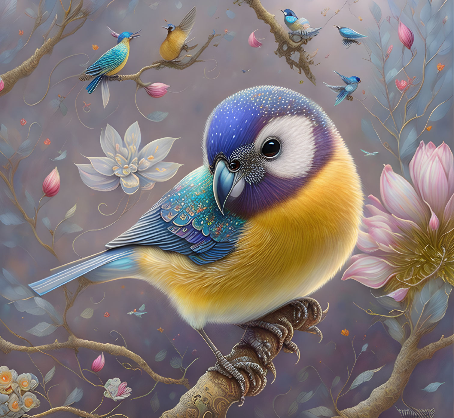 Colorful Bird Perched on Branch Surrounded by Flowers & Flying Birds