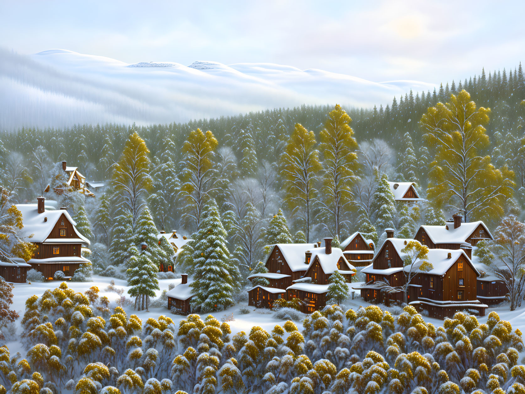 Scenic snow-covered village nestled in pine forest under misty mountain.