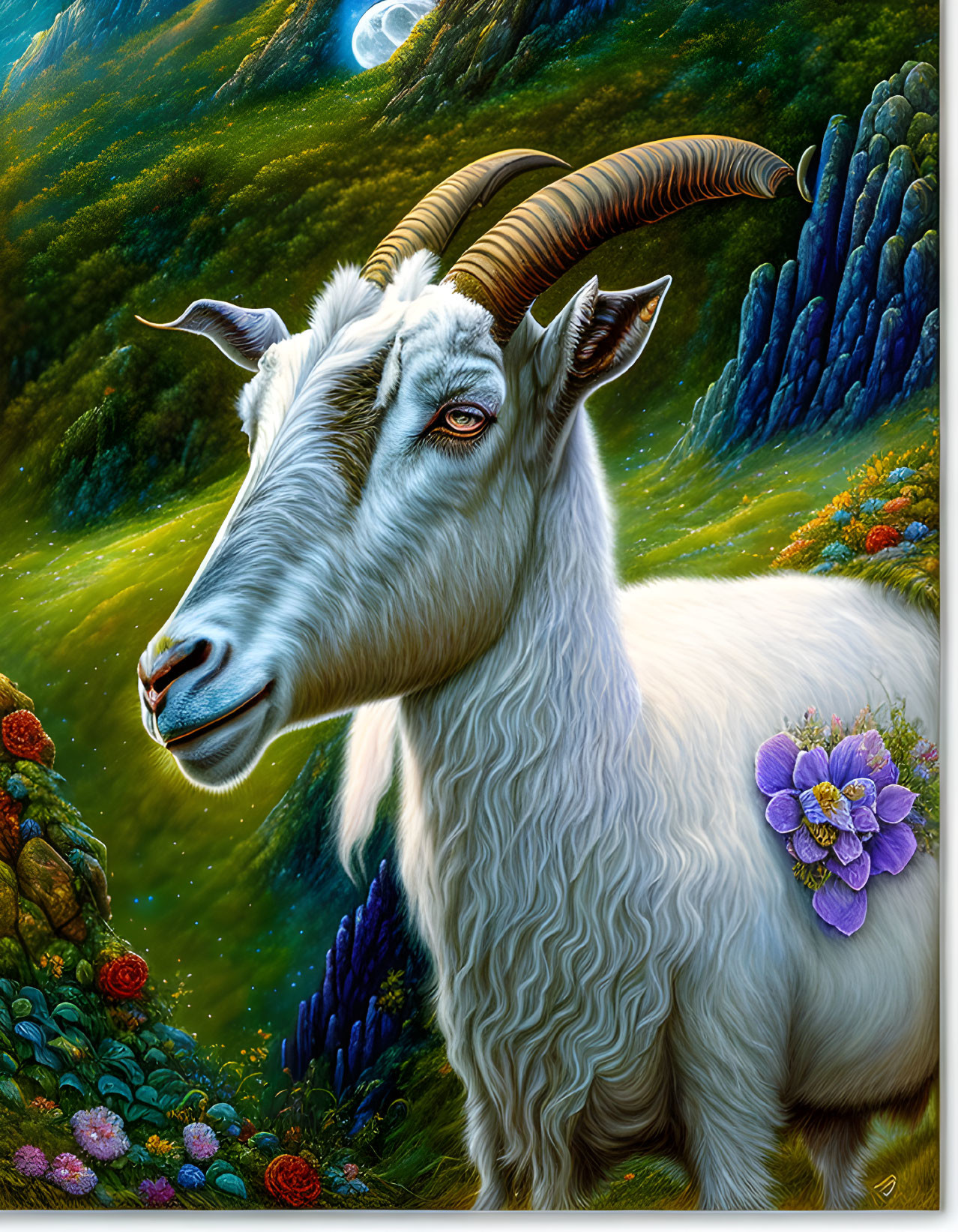 White goat with horns and flower in lush landscape.