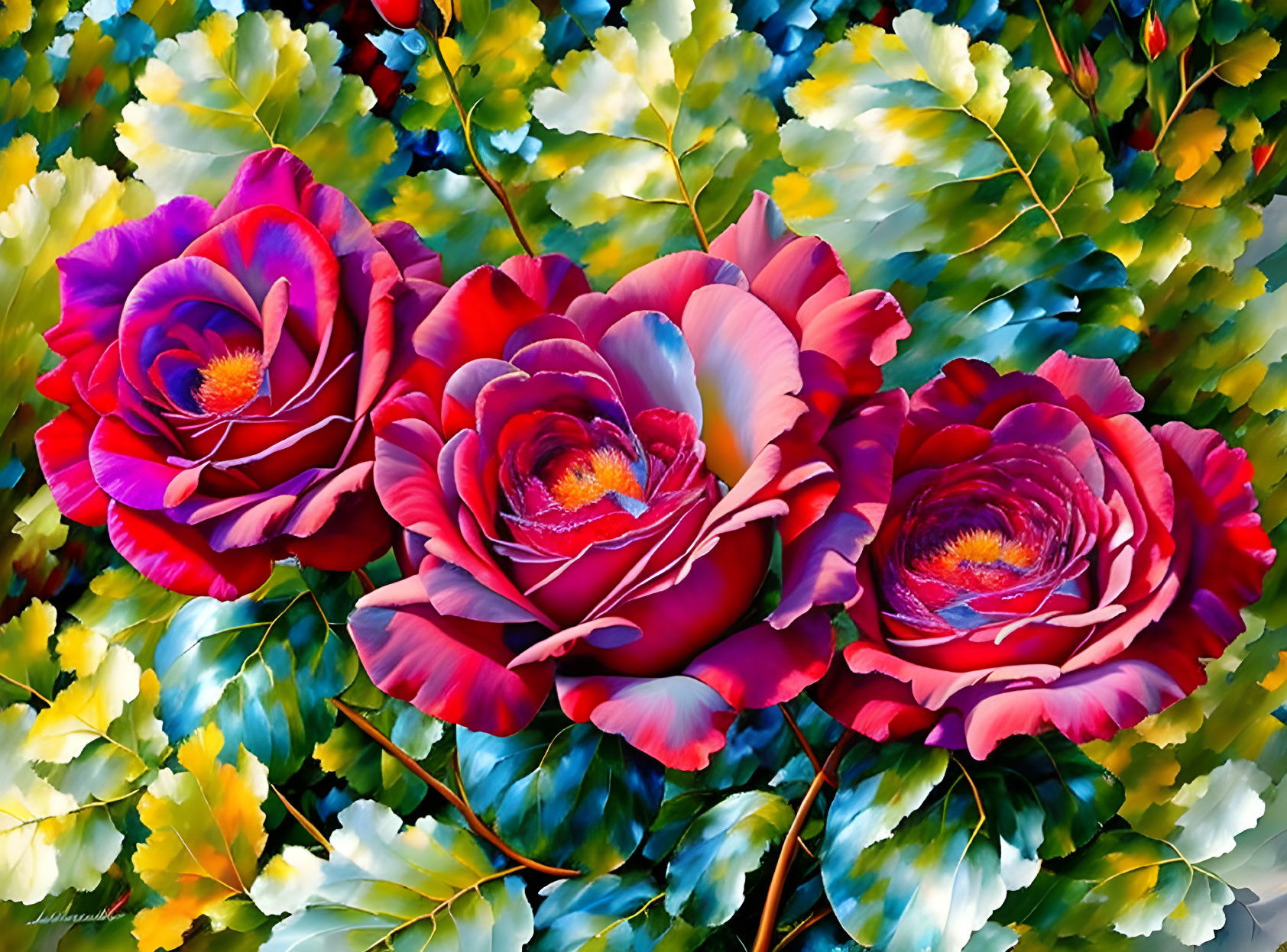 Colorful digital painting featuring three vibrant roses and lush green foliage