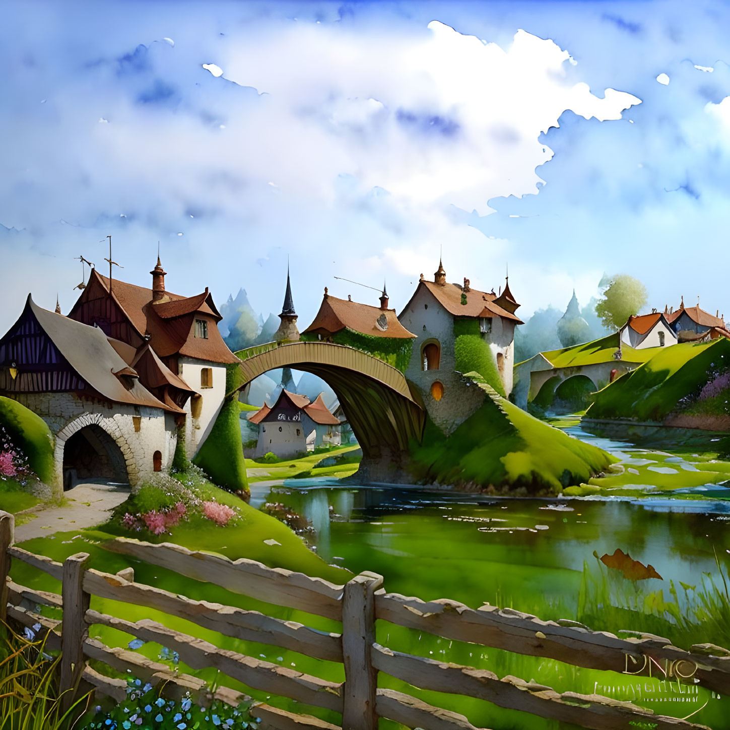 Fantasy landscape: Stone bridge, towers, river, greenery, flowers, houses, cloudy sky