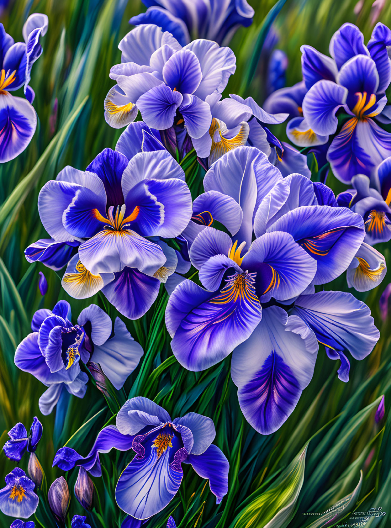 Blue and White Iris Flowers with Lush Green Leaves