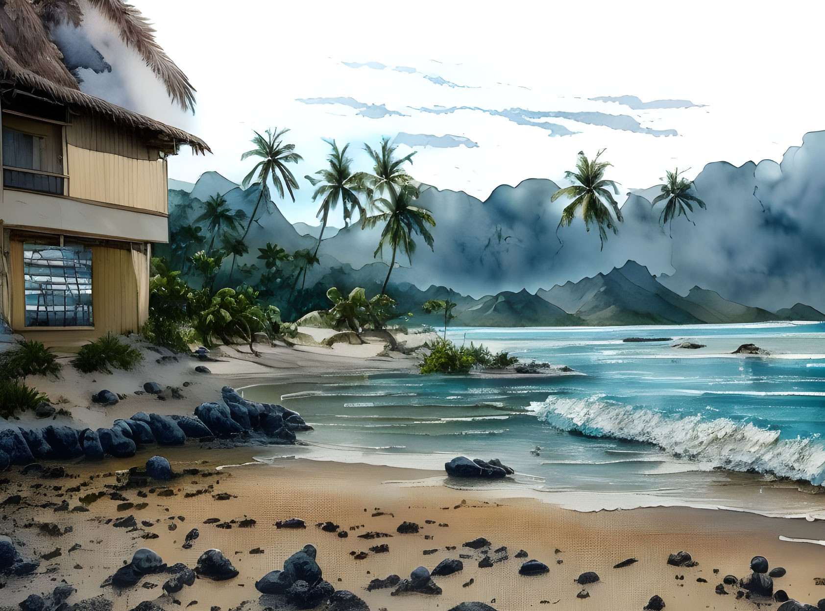 Tranquil Tropical Beach with Thatched Hut and Palm Trees