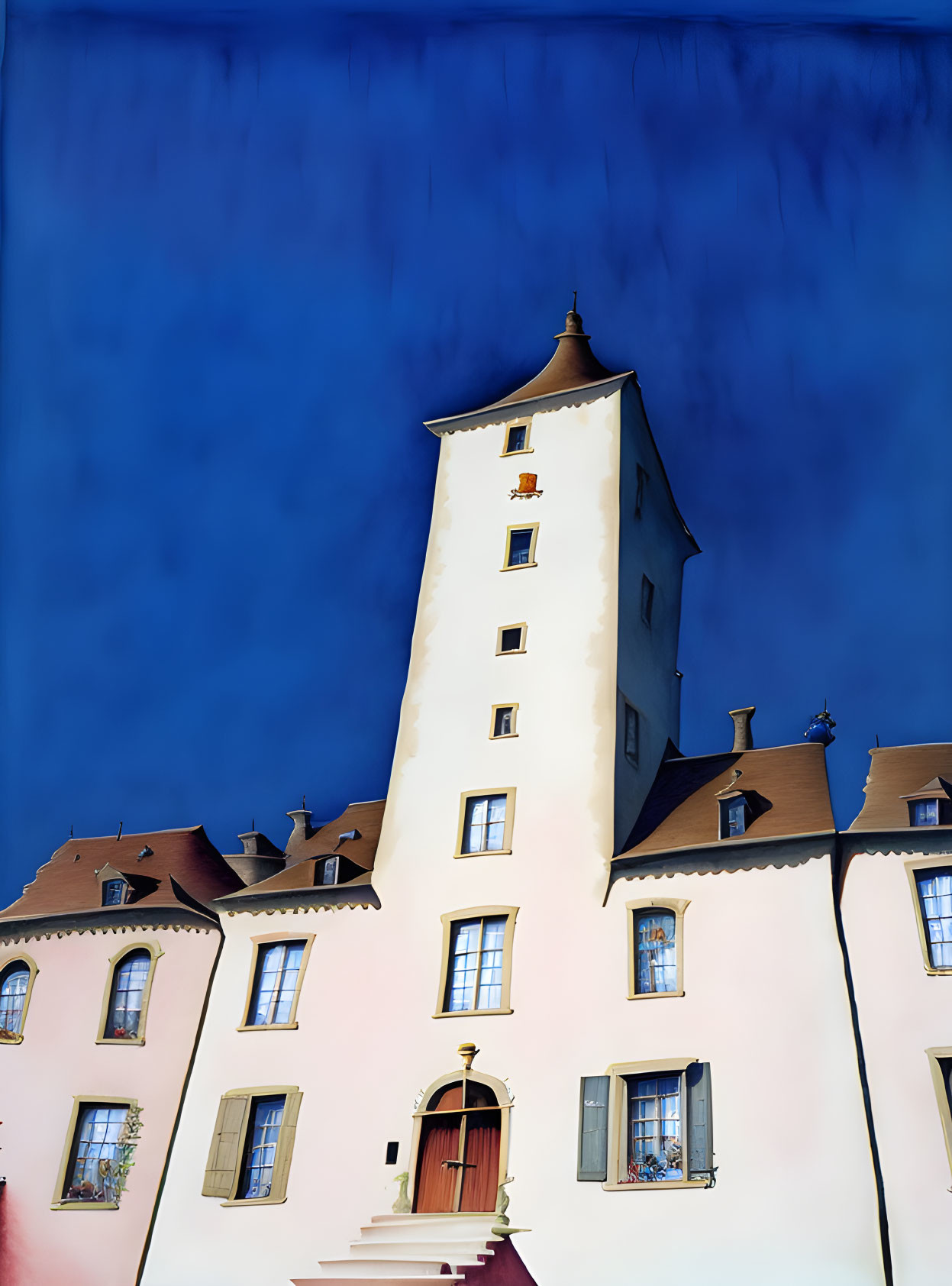 Traditional European Building with Tower in Pale Pink Against Deep Blue Sky