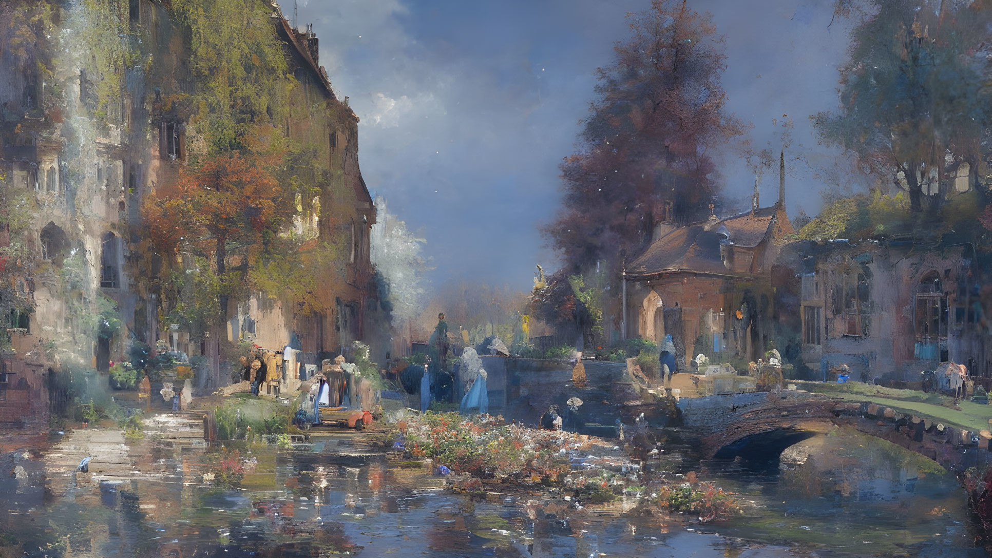 Impressionistic painting of serene canal scene with bridge, people, and autumn foliage