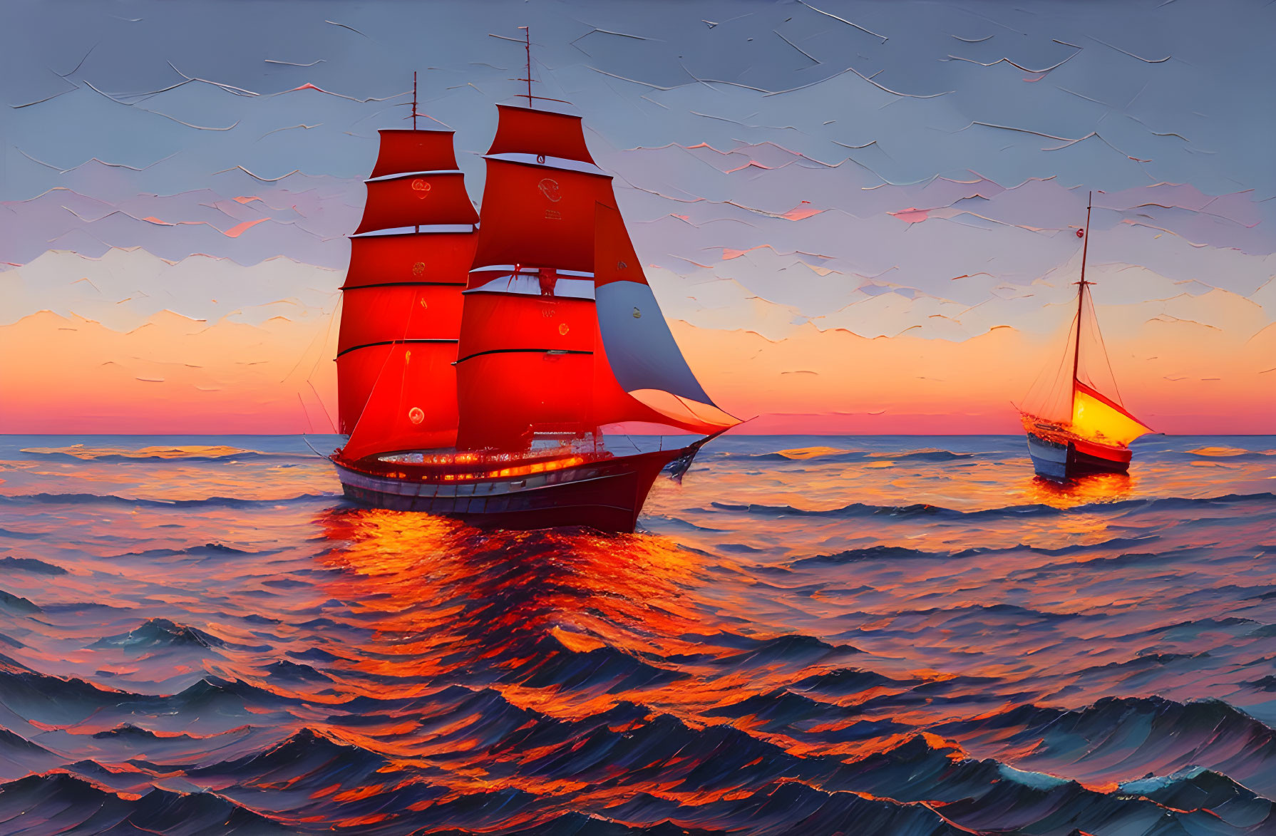 Red sailboat with full sails on wavy sea at sunset, smaller boat nearby