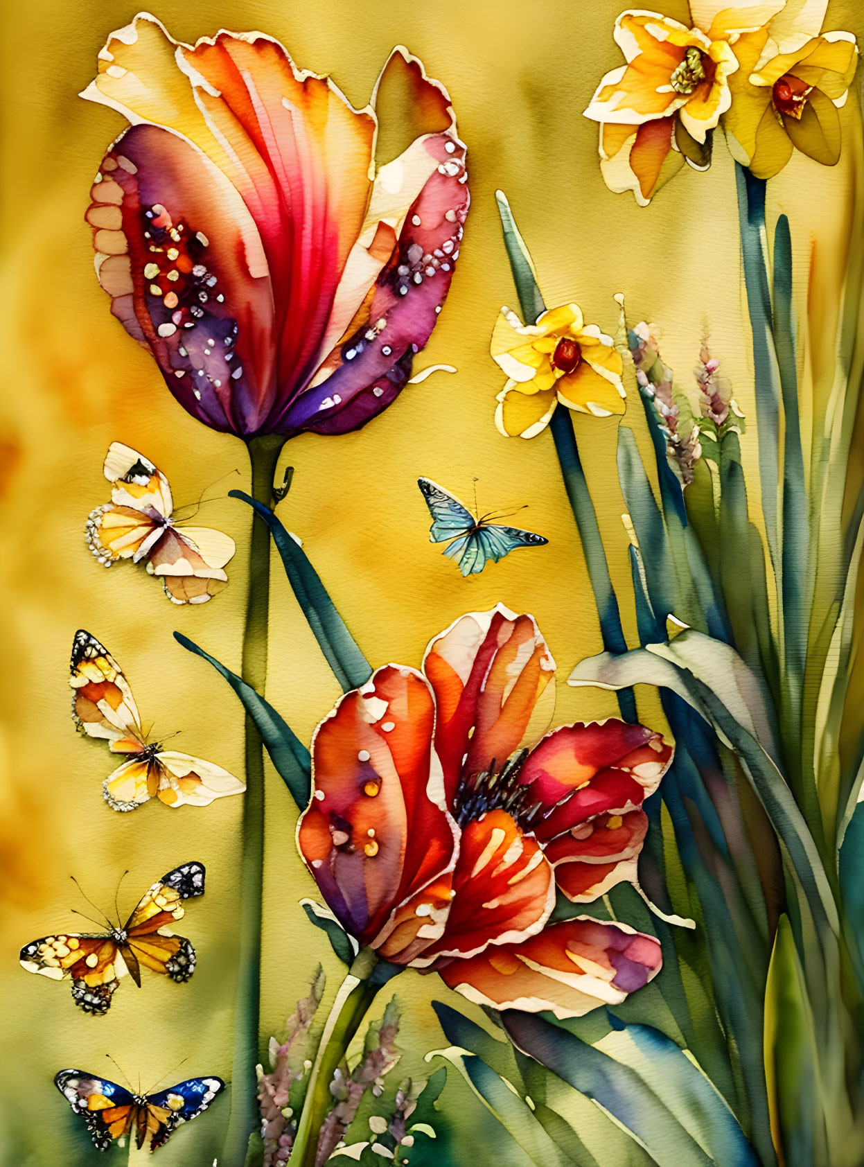 Colorful flowers and butterflies in watercolor on yellow background