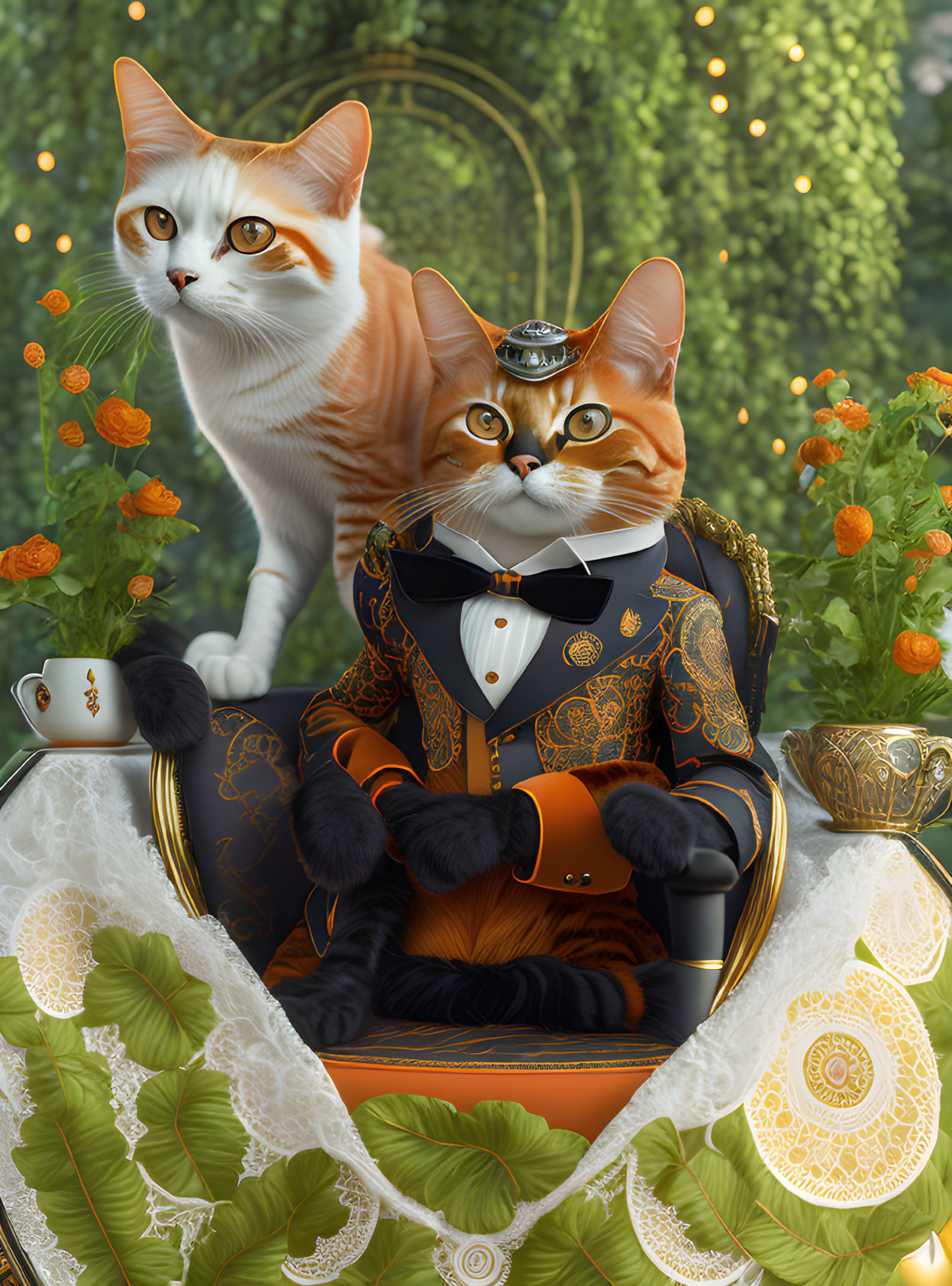 Regal cats illustration in royal attire and crown, set in lush green background