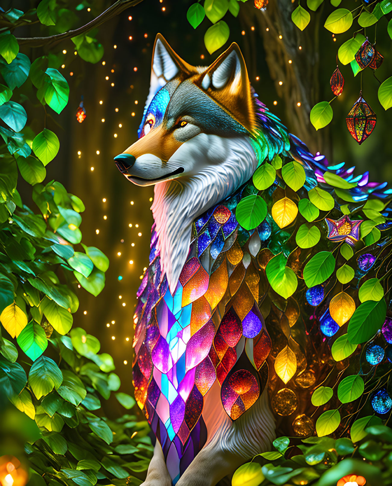 Majestic wolf with iridescent scales in vibrant green foliage